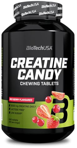 BioTechUSA Creatine Candy | Kreatinmonohydrat-Kautabletten | Fruchtiges Kautabletten-Format | Zuckerarm | Vegan | Laktose-, gluten- & GMO-frei | 240 Tabletten, Rote Beeren