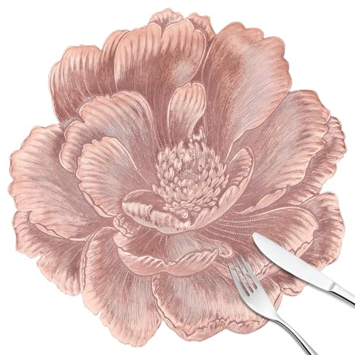 fanquare Runde Roségold Blumen Platzsets PVC Abwaschbar,6 Stück Metallische Florale Elegante Tischsets,rutschfest Hitzebeständig Platzdeckchen für Hause Küche Restaurant