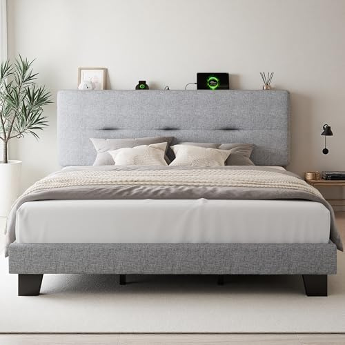FEONASE 6ft Super king Bed Frame with Charging Station, Linen Upholstered Platform kingsize Bed Frame with Storage Headboard, Sturdy Wooden Slat Support, Noise Free, Easy Assembly, light gray