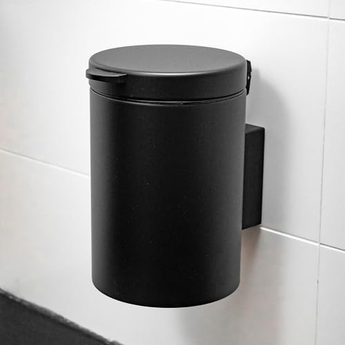 ELMOWO - Edelstahl Kosmetikeimer 3L ohne Bohren selbstklebend inkl. Spezialkleber (extrem sicherer Halt) Badezimmer Mülleimer für Wandmontage - Badmülleimer für Wand zum Kleben - Bad-Eimer in schwarz