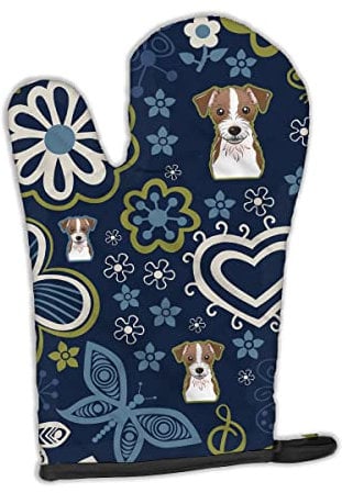 Caroline's Treasures BB5053OVMT Blue Flowers Jack Russell Terrier Oven Mitt Heat Resistant Thick Oven Mitt for Hot Pans and Oven, Kitchen Mitt Protect Hands, Cooking Baking Glove