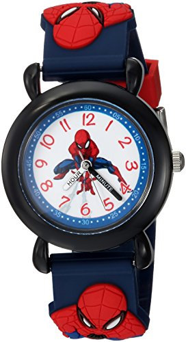 Marvel Spider-Man - Orologio analogico al quarzo con cinturino 3D per insegnare l'ora ai bambini, Nero, blu navy, Spider Man - Orologi in plastica 1, cassa nera, cinturino in plastica blu