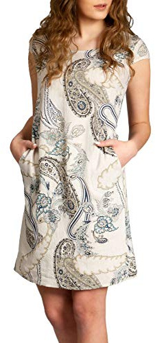 Caspar SKL022 Damen Sommer Leinenkleid mit Paisley Print bis Größe 50, Farbe:beige, Größe:L - DE40 UK12 IT44 ES42 US10