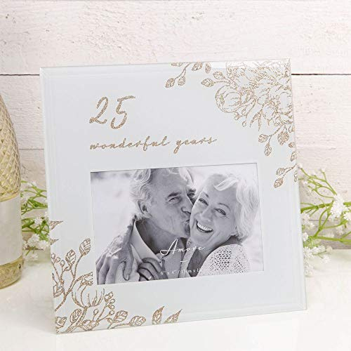 Amore Anniversary Grey Glass 6'x4' Photo Frame with Glitter/Wording - 25 Years Together