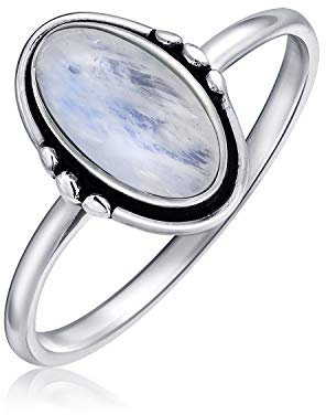Bling Jewelry Westlicher Boho Zarter Lünette-Set Ovaler Cabochon Edelstein Schillernder Stimmungswechselnder Mondsteinring Für Frauen Teen 1MM Dünnes Band Oxidiertes .925 Sterlingsilber