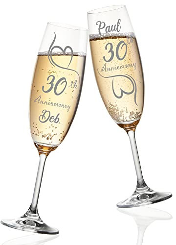 Always Looking Good Personalized Pearl Engraved Champagne Flute Glasses Set of 2 - 30th Wedding Chocolate Hearts