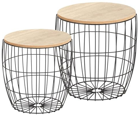 Ribelli Metalltisch schwarz – Holzplatte auf stabilem Metallgestell – Nachttich Beistelltisch ideal für Wohnzimmer, Schlafzimmer, Büro und Co. – Zwei Tische im Set (2er Set Braune Platte Rund)