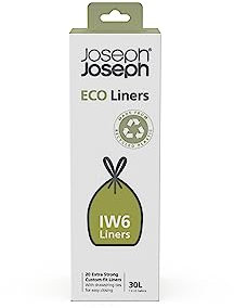 Joseph Joseph IW6 Eco Recycled plastic Bin Liners, Kitchen Waste Bags With Tie Tape Drawstring Handles, Extra Strong – Pack of 20, Holds 30 Litres, Grey