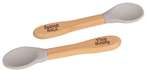 Tiny Dining x2 Children's Bamboo Soft Tip Silicone Spoons - Great for Baby Toddler Weaning - Eco Friendly Kids Dinner Dessert Cereal Spoon - Grey