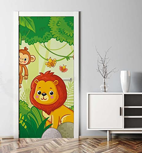 MyMaxxi - Tür bekleben mit Türtapete Selbstklebend 90x200 Dschungeltiere - Tür verschönern Türfolie - Türaufkleber XXL Aufkleber Folie- Türposter Türklebefolie Wald Pflanzen Blätter grün