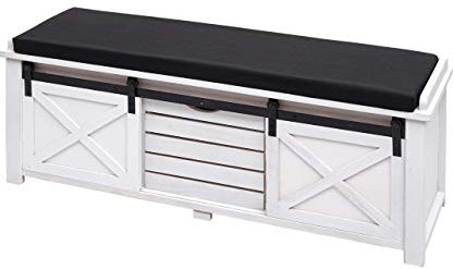 Sitzbank mit Staufächern HWC-H53AM, Polsterbank Sitz-Kommode, Shabby-Look Massiv-Holz Metall Stoff 43x102x33cm - weiß