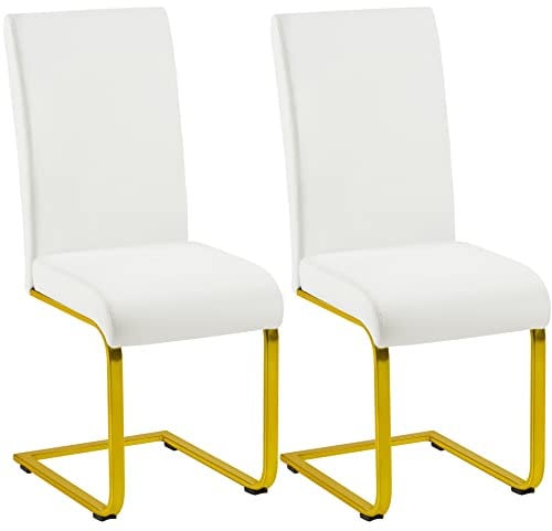Yaheetech Lot de 2 chaises de Salle à Manger Blanches à balançoire Modernes rembourrées en Similicuir et Pieds en métal doré pour Bureau, Salon, Charge 135 kg