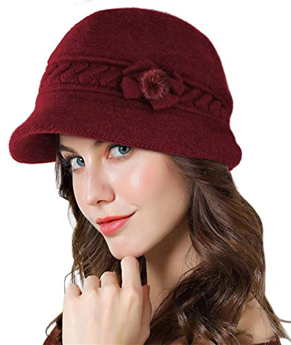 Adigaber Brim Cap Angoramütze Damen mit Fleece gefüttert Thermal Wintermütze Gestrickte Baskenmütze Häkelmode Strickmütze mit Schirm