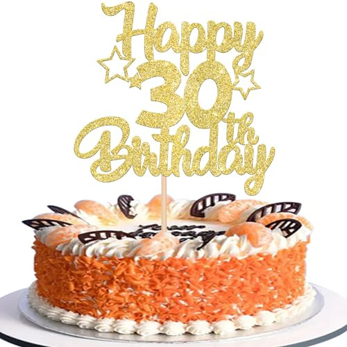 SYKYCTCY 1 Pack Happy 30th Birthday Cake Topper Glitter Heart Star 30 Fabulous Cake Pick Birthday Sign Cake Decorations for 30th Birthday Theme Party Supplies Gold