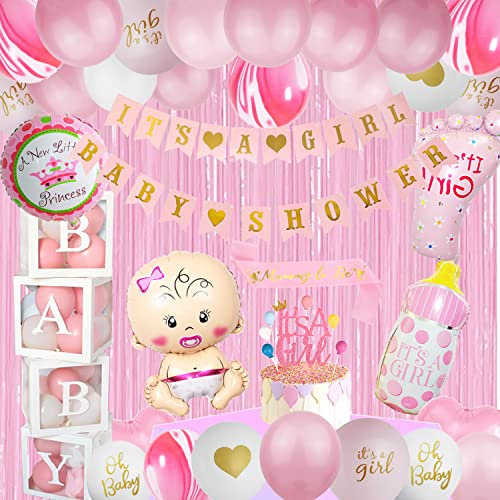 Babyparty-Dekorationen für Mädchen, 109 Stück rosa Babyparty-Dekorationsset mit Ballongirlande, Hintergrund, Banner, Boxen und Tischdecke für Geburtstag, Hochzeit, Brautparty, Partyzubehör