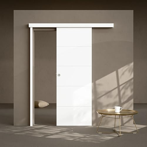 Mon Marché Déco Kit Porte Coulissante Prépeinte Ligne Avec Rail 73 cm, Système Coulissant en Applique, Rail Coulissant Breveté en Aluminium Coulicool, Gain de Place et Sécurité - Avec Serrure