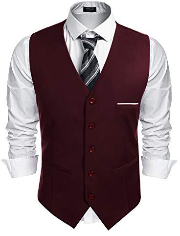 COOFANDY Herren Weste Anzug V-Ausschnitt Formale Hochzeit Klassische Slim fit Baumwolle Einfarbige Elegant Westen Business Party Weste Weinrot XL