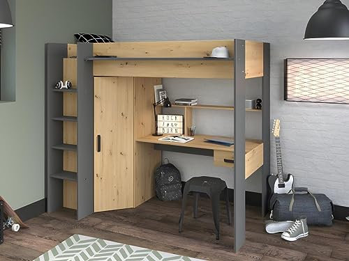 Parisot Vente-Unique-Hochbett mit Schreibtisch + Kleiderschrank - 90 x 200 cm - Naturfarben & Anthrazit - Auckland