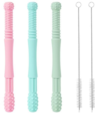 Lot de 3 tubes de dentition pour bébé, 2 brosses de nettoyage, bâtons de dentition en silicone, jouets de dentition sensoriels, aide à la dentition pour bébé, jouets de dentition pour bébés