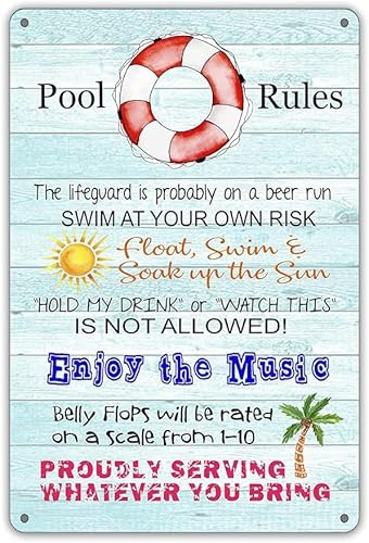 Funny Pool Rules Metal Tin Sign Wall Décor Blue Sign for Home Swimming Pool Indoor Outdoor Decor
