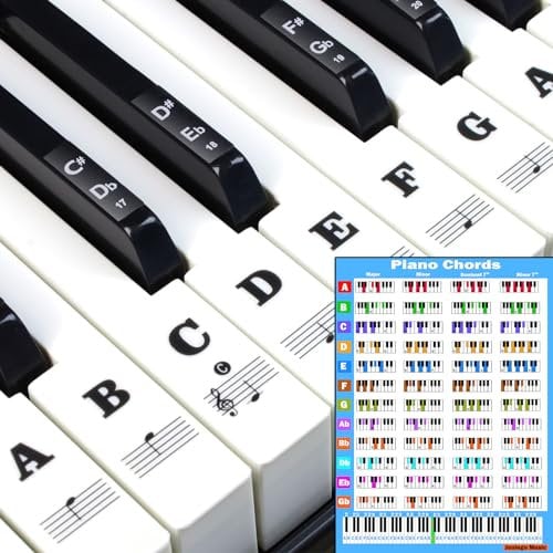 Piano Keyboard Stickers with Piano Chord Chart,for 88/61/54/49 Key,Note Labels for Beginners and Kids, Piano Notes Guide Piano Key Stickers for Learning, Easy to Install and Remove (Black)