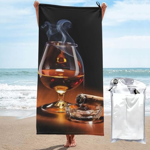OPSREY cigar and whiskey printed Microfiber Bath Towel Quick Dry Beach Towel Absorbent Gym Towel with Carrying Bag