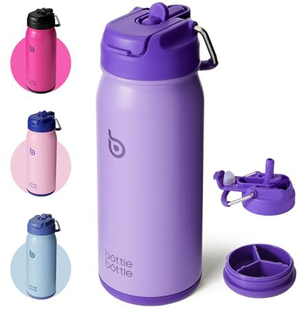 BOTTLE BOTTLE Stainless Steel Kids Water Bottle 16oz(470ml) Insulated Sports Water Bottle with Straw and Pills Holder for Gifts and School(Purple)