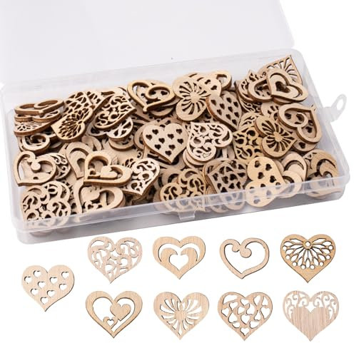 FRUHLING 100 pcs Holzherzen Deko Holz Herzen Hochzeit Holzherzen zum Basteln Durchmesser 3 cm Herz Holz Scheiben für Geschenkanhänger Geburtstag Taufe Valentinstag Hochzeitsdeko Tisch 9 Muster