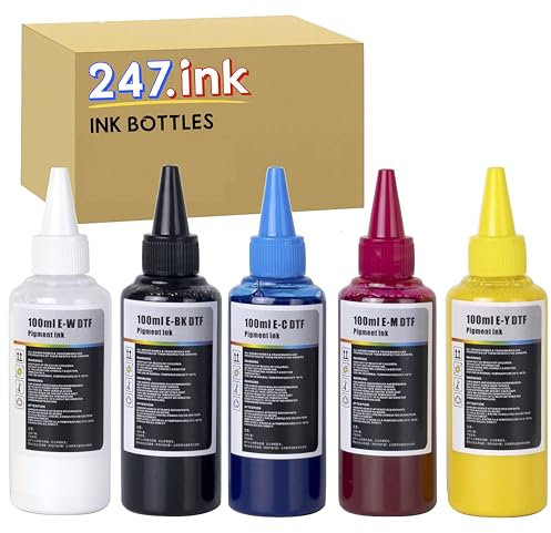 247.Ink 100ml Bottles of DTF Ink (500ml Total Ink) for Inkjet Printers Heat Transfer Film Printing, Set of 5 (White, Black, Cyan, Magenta & Yellow)