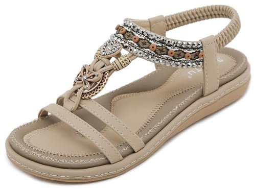 ZDQ Sandals Womens Ladies Summer Casual Comfortable Flat Arch Support Bohemian Wide Fit Slip-on Sandals with Elastic Ankle Strap Beige 7