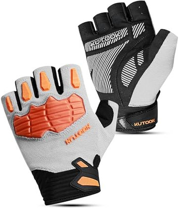 KUTOOK Fahrradhandschuhe MTB Mountainbike Handschuhe Herren Damen Sommer Halbfinger Fingerlos mit 5mm Palm Pad TPR SCR Protect Touch-Screen Atmungsaktiv rutschfest Stoßdämpfend Silbergrau&Orange M