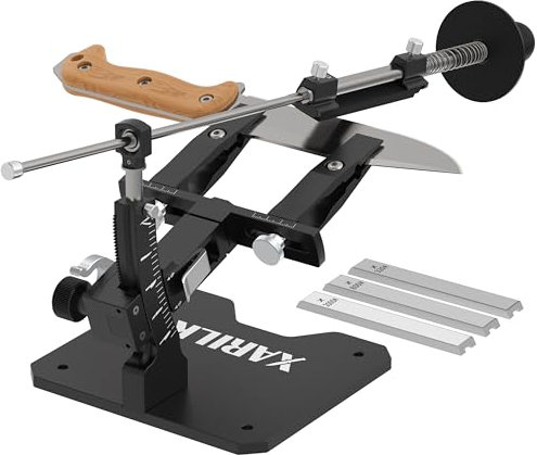 XARILK Messerschärfer-Kit, Aluminium-Profi, 3-Diamantplatten (320#, 800#, 2000#) für Jagd-Küchenmesser, Silber
