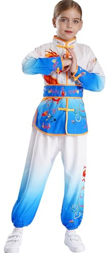 Fldy Kids Boys Girl Kung Fu Suit Unisex Dragon Printed Tai Chi Outfit Long Sleeve Tops with Pants Belt Martial Arts Sets Blue 9-10 Years