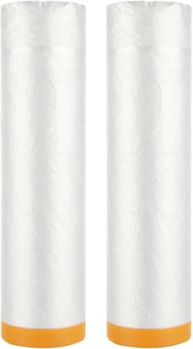 AHAQU 2 Rolls Plastic Dust Sheets for Decorating, 4m x 20m Large Plastic Sheet Rolls, Waterproof Plastic Sheeting, Pre-Taped Plastic Drop Film for Furniture & Carpet Protector, Clear
