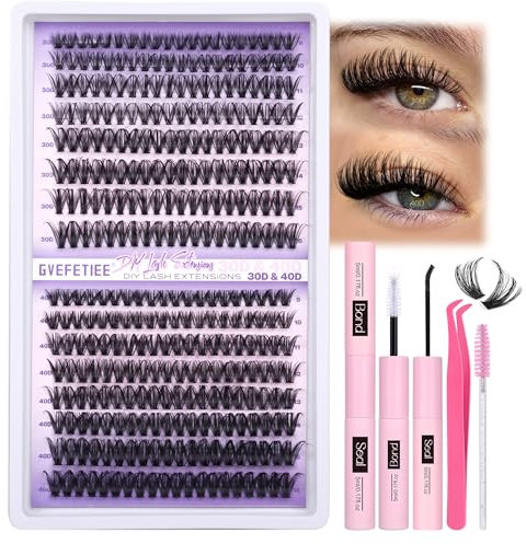 Wimpern Extensions 320Pcs Lash Extensions Set Wimpernverlängerung Set Cluster Lashes Set 30D+40D Einzelne Wimpern mit Lash Bond and Seal Wimpern Pinzette Bürste von GVEFETIEE (0.07D-9-16MIX KIT)