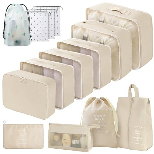 Gemtte Koffer Organizer Set, 14 Stück Wasserdicht Packing Cubes, Multifunktionale Travel Packwürfel, Kofferorganizer Packtaschen für Koffer, Reise Organizer Set Mit Kleidertaschen (Beige)