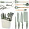 Küchenutensilien Set, 12-in-1 Kochutensilien Set mit Edelstahl Messer und Halter, Antihaft Silikon Kochlöffel Utensilien Sets mit Holzgriff, Bestes Küchenwerkzeug Gadgets (Grün)