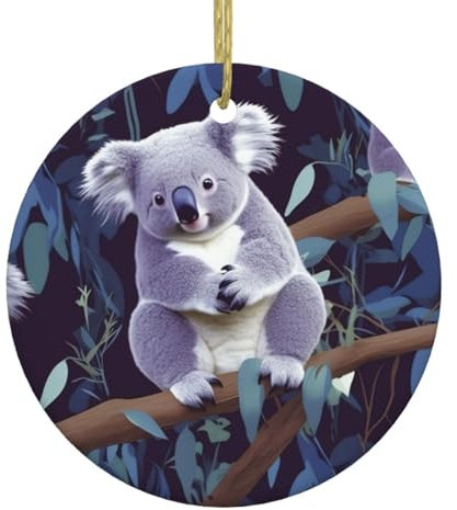 Round Christmas Tree Ceramic Hanging Lovely Koala Christmas Tree Ornaments Double-Sided Printed Christmas Pendants for Xmas Family Party Holiday Decor