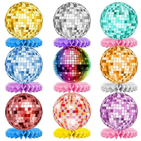 WUIOWPPIC 9 Stück Disco Deko Tischaufsätze Geburtstag Bienenwabe Disco Party Tischaufsätze Disco Beat und Rock n Roll Deko Discokugel Party Deko Hip Hop Tisch Deko für 70er 80er Geburtstag Party Deko