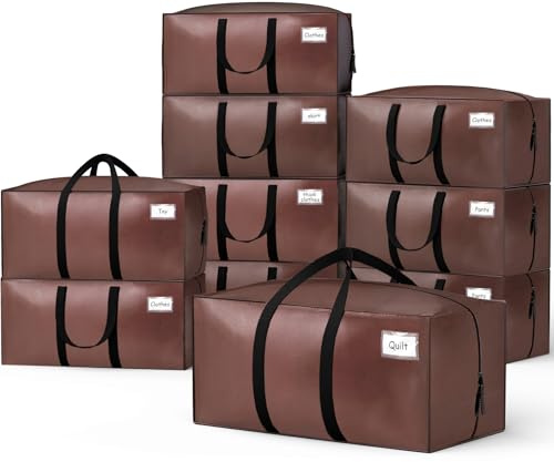 VOUNOT® Set da 10 Borse Trasloco Grandi 88L Pieghevoli in PE 190 g/m², con Manici Rinforzati e Cinghie a Zaino, Borse Portaoggetti Resistenti per Vestiti e Piumoni, Marrone