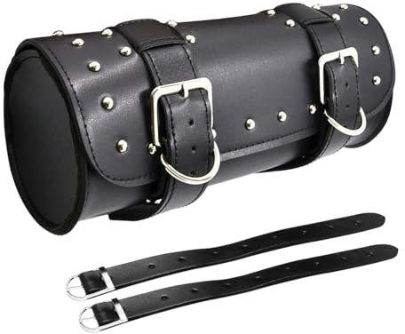 Mulcort Motorcycle Tool Bag, PU Leather Motorcycle Fork Bag Saddlebag, Waterproof Wear Resistant Motorcycle Bag with Adjustable Straps Compatible with Honda Kawasaki Suzuki Yamaha (Black)
