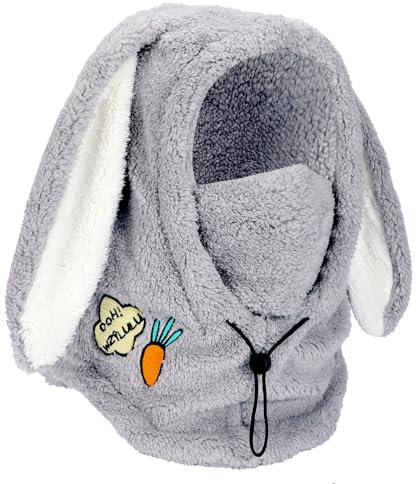 PHOGARY Kapuzenschal Balaclava Damen, Hasen-Stil Schalmütze Winddichte Mützenschal Fleece Skimütze Damen, Sturmhaube Winter Mütze Frauen, Schal Mütze 3 in 1 Wintermütze Schlauchschal, Grau 6 3/4-7