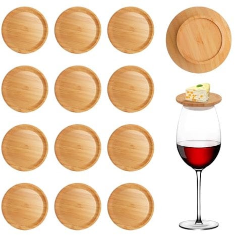 PWGHWG 12 Stück Weinglas Aufsatz Runden Wooden Wine Glass Toppers Schmücken Vorspeisenteller Weinglas Topper Geeignet für Weingläser Desserts Getränke Kerzen Partyzubehör Untersetzer Usw