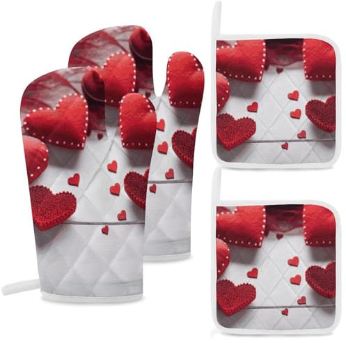 Set di 4 guanti da forno e presine con stampa di cuori fatti a mano, resistenti al calore, guanti da forno extra lunghi e cuscinetti caldi, guanti da cucina antiscivolo, in poliestere, per cucina,