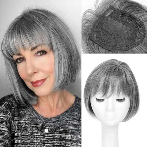 FLYROSEING Grey Mixed Hair Toppers for Women with Thinning Hair, Short Bob Hair Toppers with Bangs Side Part, Synthetic Wig Toppers for Thinning Hair