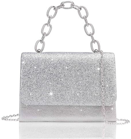 Toptime Clutch Silber, Glitzer Kleine Umhängetasche Damen mit Tragegriff, Pailletten Handtsche Damen Klein mit Abnehmbare Metallkette, Elegant Abendtasche Silber für Abschlussball, Hochzeit, Party