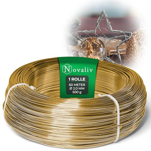 Novaliv Alambre de aluminio de 60 metros, 2 mm, dorado, ideal como alambre de flexión para manualidades, versátil para proyectos y decoraciones, rollo de 60 m de alambre decorativo, alambre para