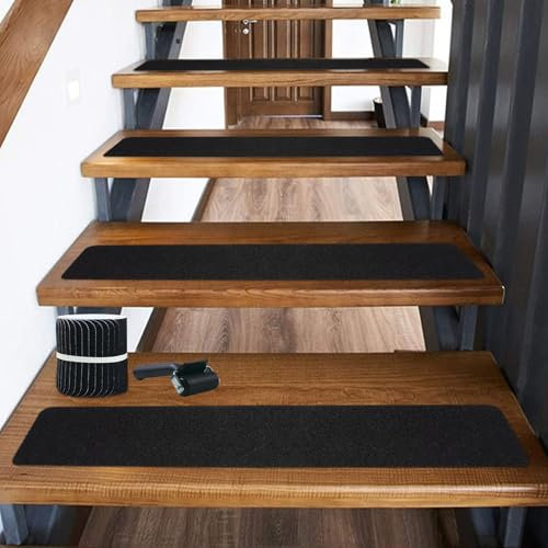 Kikcrrou Treppenstufen Matten Antirutsch Treppe, 15 Stück - 81 x 15 cm Stufenmatten Selbstklebend, Stufenmatten Innen für Glatte Holz, Fliesen, Glas und Andere Stufen, Wasserfest, rutschfest, Schwarz