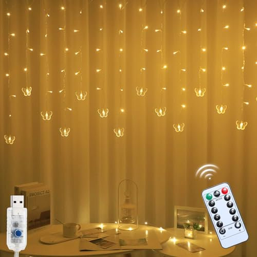 Lichtervorhang Innen, 3.5M Schmetterling Fenster Lichterketten Vorhang Lichterkettenvorhang USB 8 Modi 80 LED Lichterkette mit 16 Haken Fernbedienung Timer für Hochzeit Party Innen Außen Deko (A)