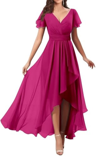 Vestido de dama de honor de princesa con un hombro descubierto, vestido de gasa formal, vestido de fiesta de noche, ZM160, fucsia, 42